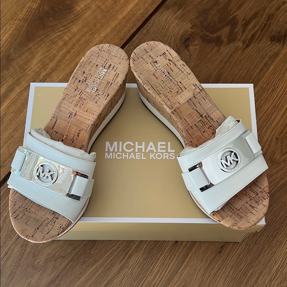 Michael Kors Warren slides, White and Silver Cork Sandals
